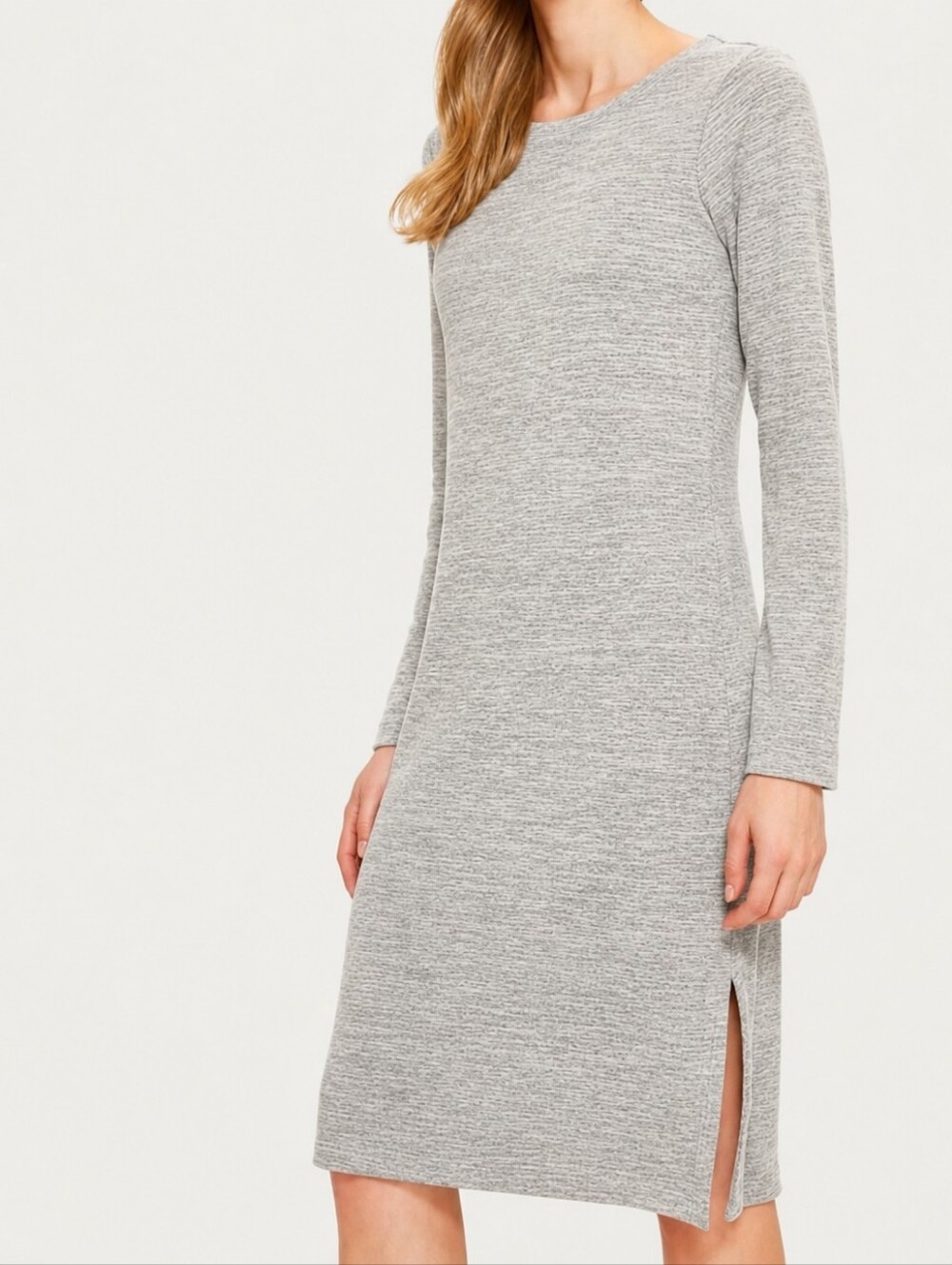 Lole Heather Grey Long Sleeve Knit Shift Dress M Side Slit Scandi Minimalist